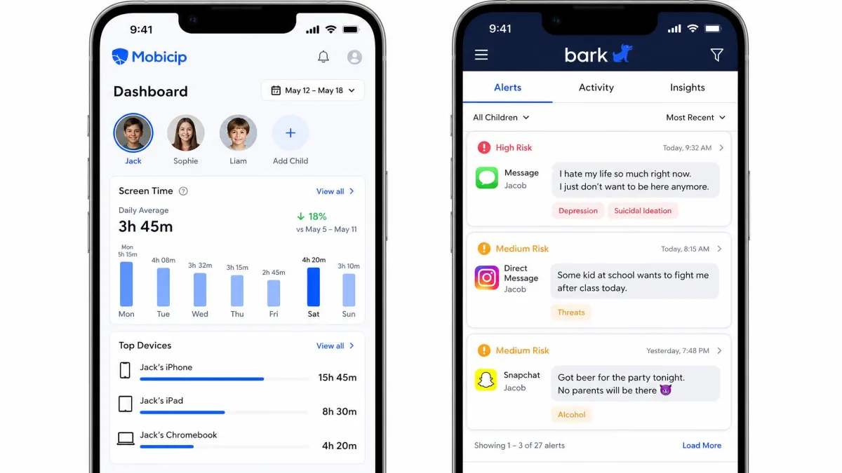 Two phone screens side by side, one showing Mobicip's parent dashboard with device screen time totals and the other showing Bark's alert feed with flagged messages.