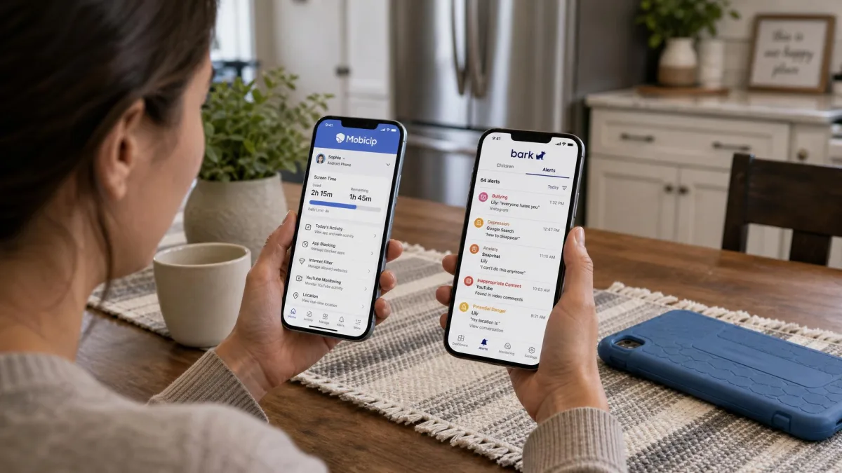 A parent at a kitchen table holding a phone with the Mobicip app open and a second phone showing Bark's alert list, a child's tablet face down beside them.
