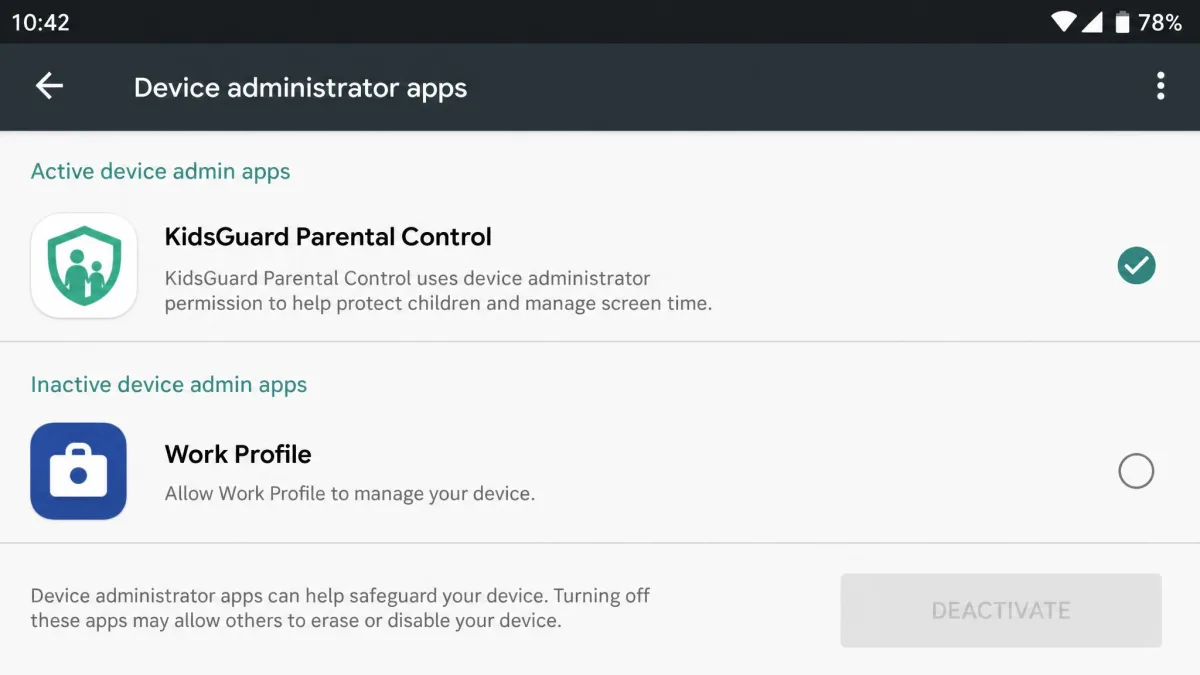 An Android settings screen showing the Device Administrator apps list with a parental control app enabled and the deactivate button greyed out.