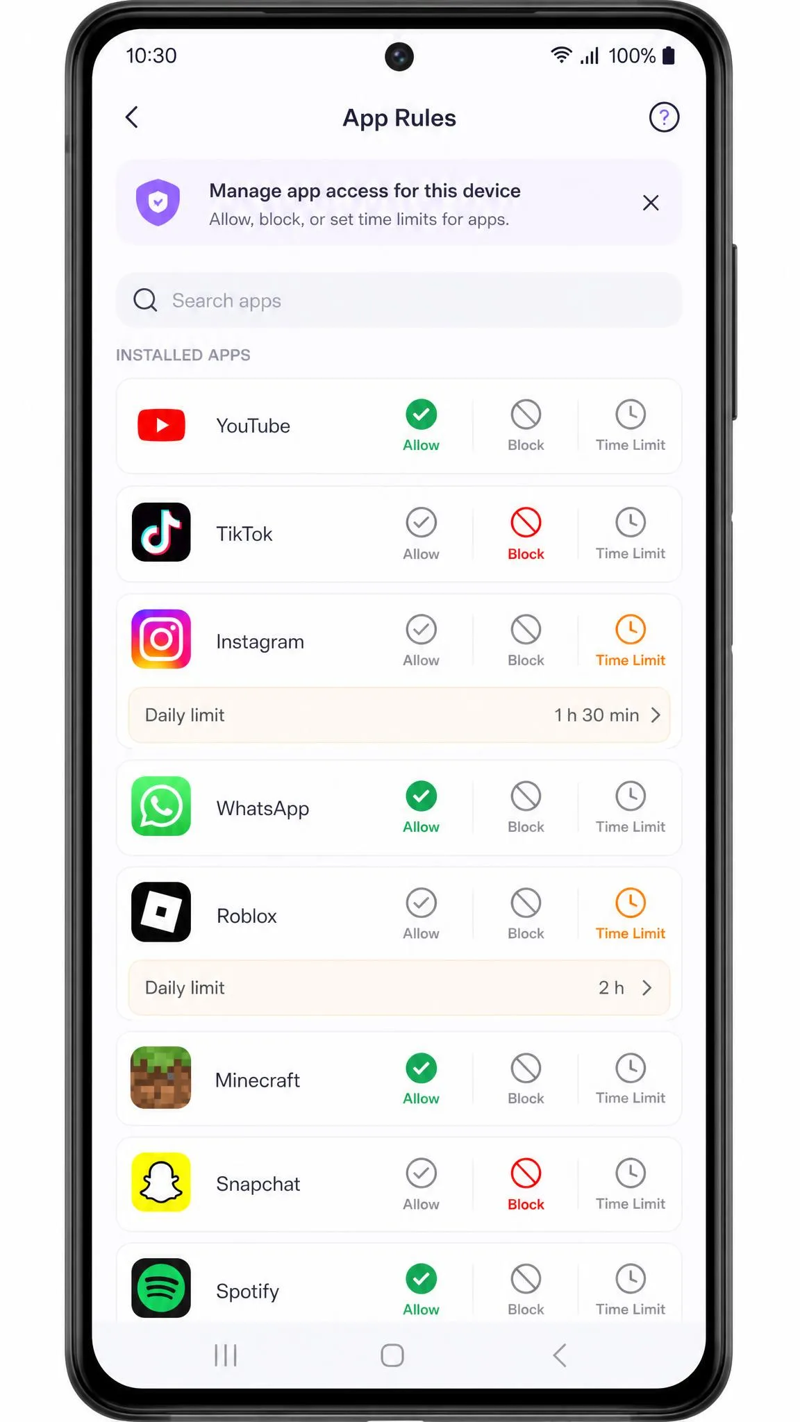 FamiSafe's app rules screen on an Android phone showing a list of installed apps with allow, block and time-limit toggles beside each one.