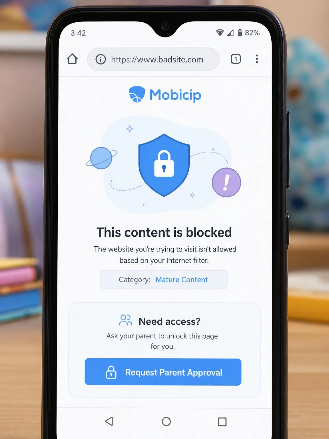 A child's Android phone browser showing Mobicip's blocked-page screen after an attempt to open a filtered website, with the parent-approval prompt underneath.