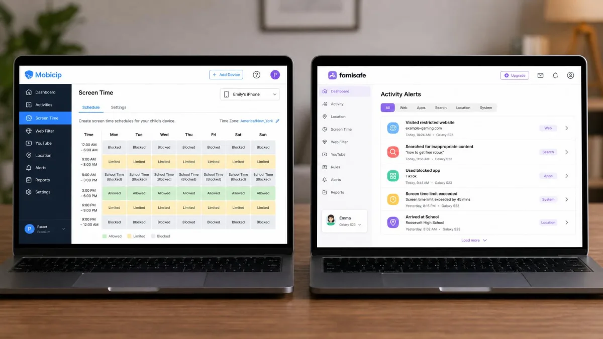 Two laptop screens side by side showing the Mobicip parent dashboard on the left with its screen time schedule view and the FamiSafe parent dashboard on the right with its activity alerts feed.