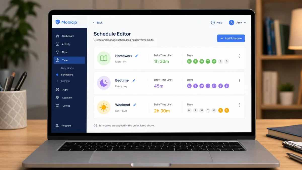 Mobicip's schedule editor open on a laptop showing named schedules for homework, bedtime and weekend, each with its own daily time limit set.