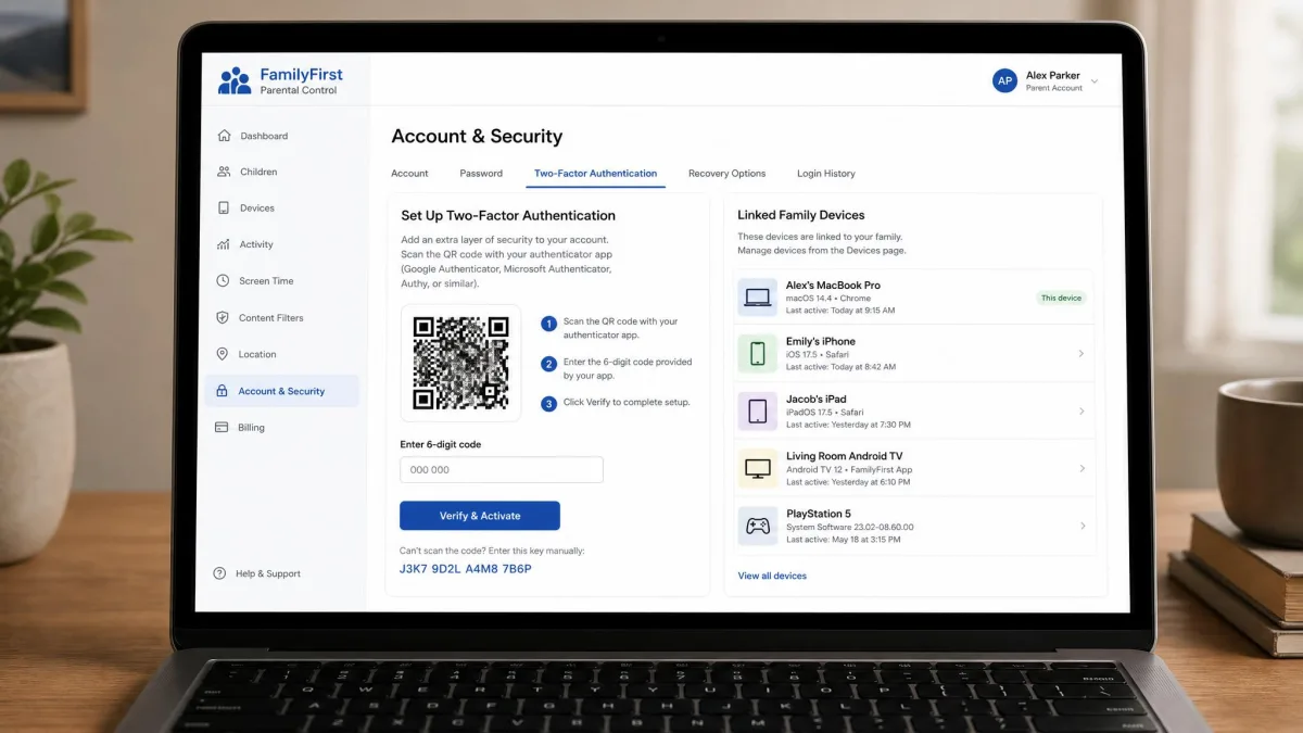 A parental control parent account security page on a laptop showing the two-factor authentication setup step with a QR code and a list of linked family devices.