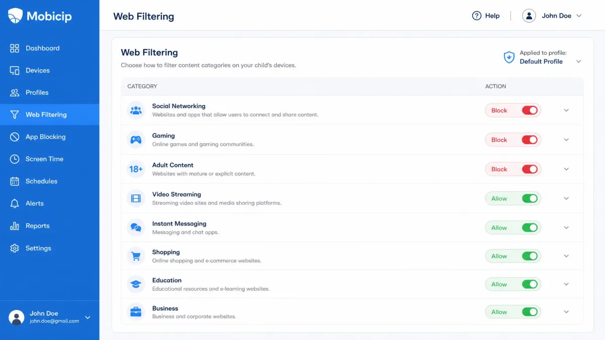 Mobicip's web filtering settings screen showing a list of content categories such as social networking, gaming and adult content, each with an allow or block toggle beside it.