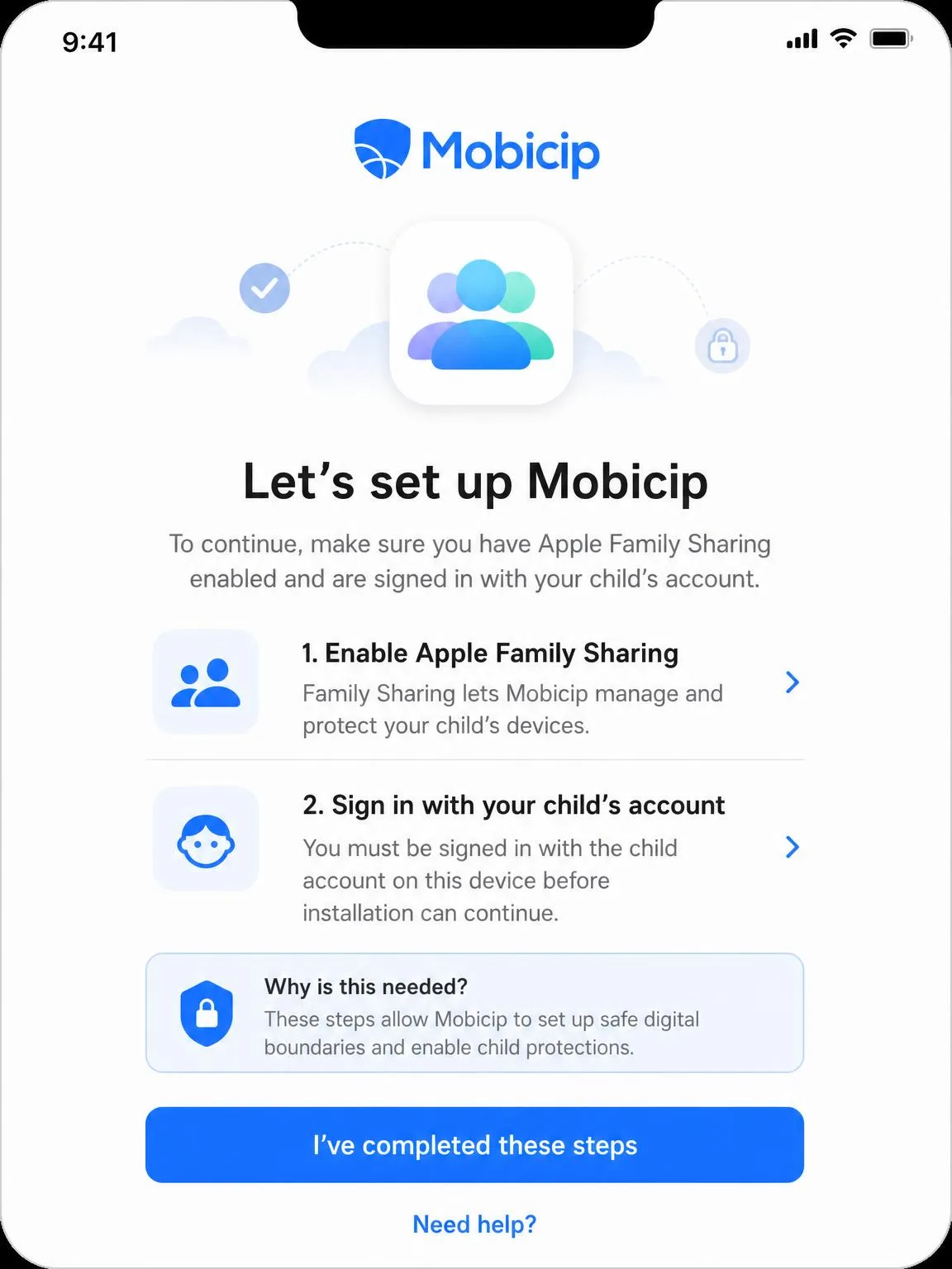The Mobicip setup screen on an iPhone prompting a parent to enable Apple Family Sharing and sign in with a child account before installation can continue.