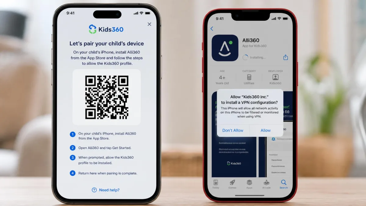 The Kids360 pairing screen on a parent phone showing a QR code beside the Alli360 app installing on a child's iPhone, with the iOS profile permission prompt visible.