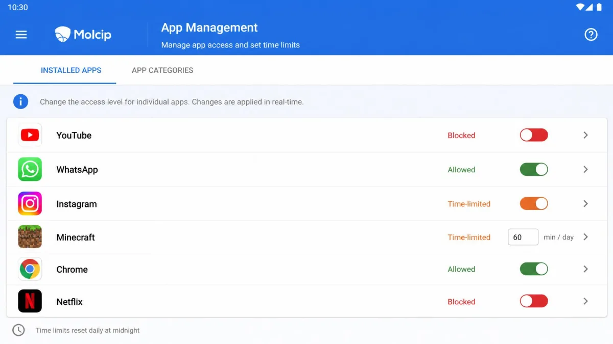 Mobicip's app management screen on Android showing a list of installed apps with individual toggles set to blocked, allowed and time-limited, and a daily minutes field beside a game.