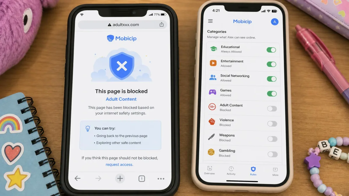 A child's phone browser showing Mobicip's blocked-page notice for an adult content category, with the parent app's category toggle list visible on a second screen beside it on the desk.