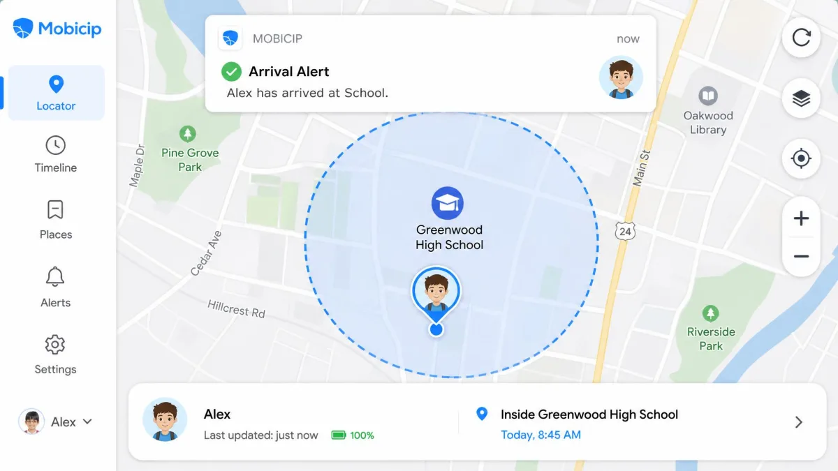 Mobicip's family locator map showing a child's pin inside a circular geofence drawn around a school, with an arrival alert notification at the top of the screen.