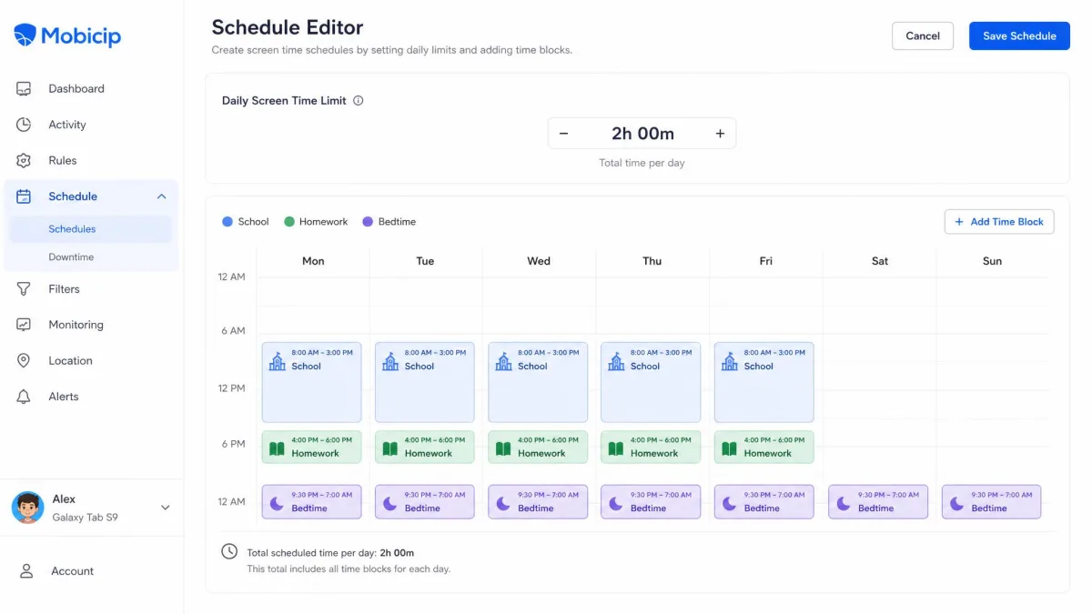 Mobicip's schedule editor showing separate named blocks for school, homework and bedtime laid across a weekly grid, with a daily total of two hours set above them.