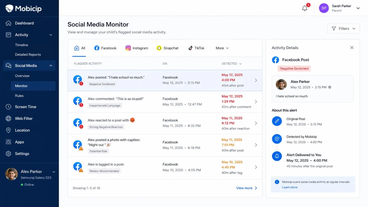 Mobicip's social media monitor screen listing flagged Facebook activity with timestamps, showing an alert delivered roughly forty five minutes after the original post.