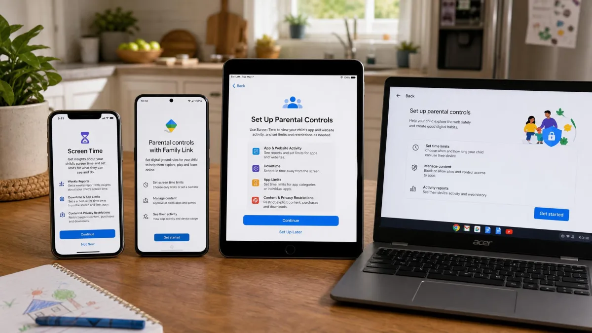 A kitchen table with an iPhone, an Android phone, an iPad and a Chromebook laid out, each showing a parental control setup screen.