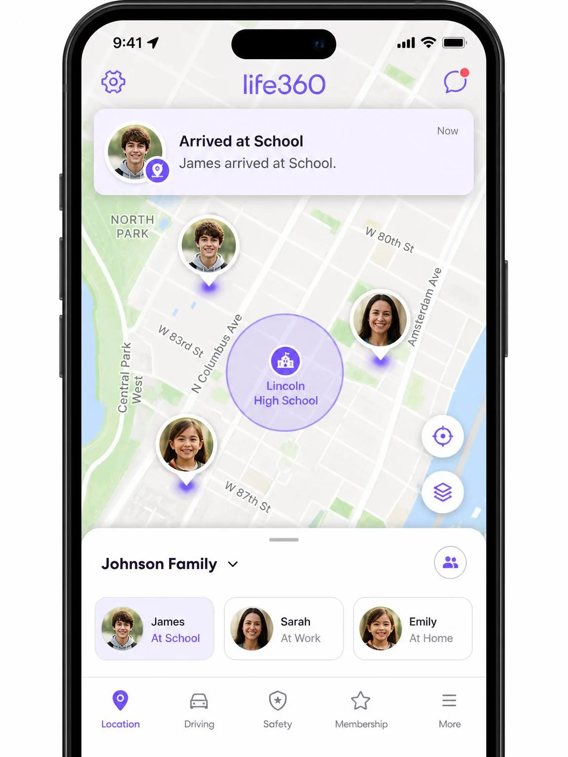 Life360's map screen on a phone showing three family member pins, a saved Place circle around a school, and an arrival alert notification banner at the top.