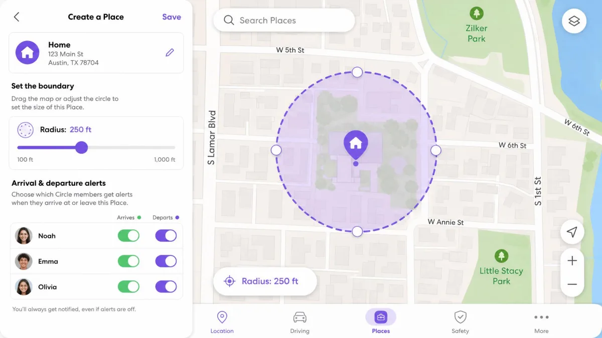 Life360's Place setup screen showing a geofence radius drawn around a house on the map, with toggles for arrival and departure alerts for each Circle member.