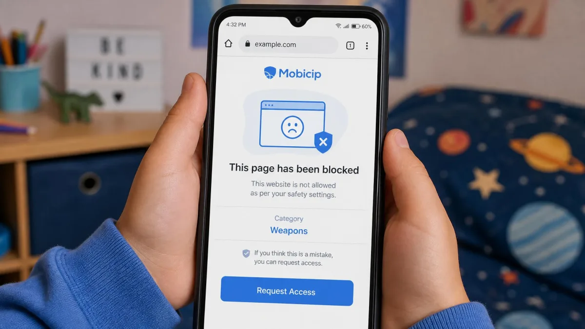 A child's phone showing Mobicip's blocked website screen in a browser, with the category name that triggered the block and a request access button.