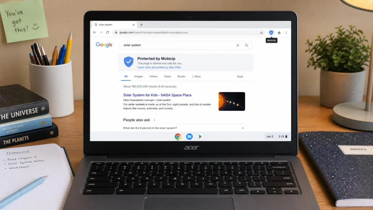 A Chromebook on a homework desk running Mobicip's browser extension, with a filtered search results page and the Mobicip icon visible in the toolbar.