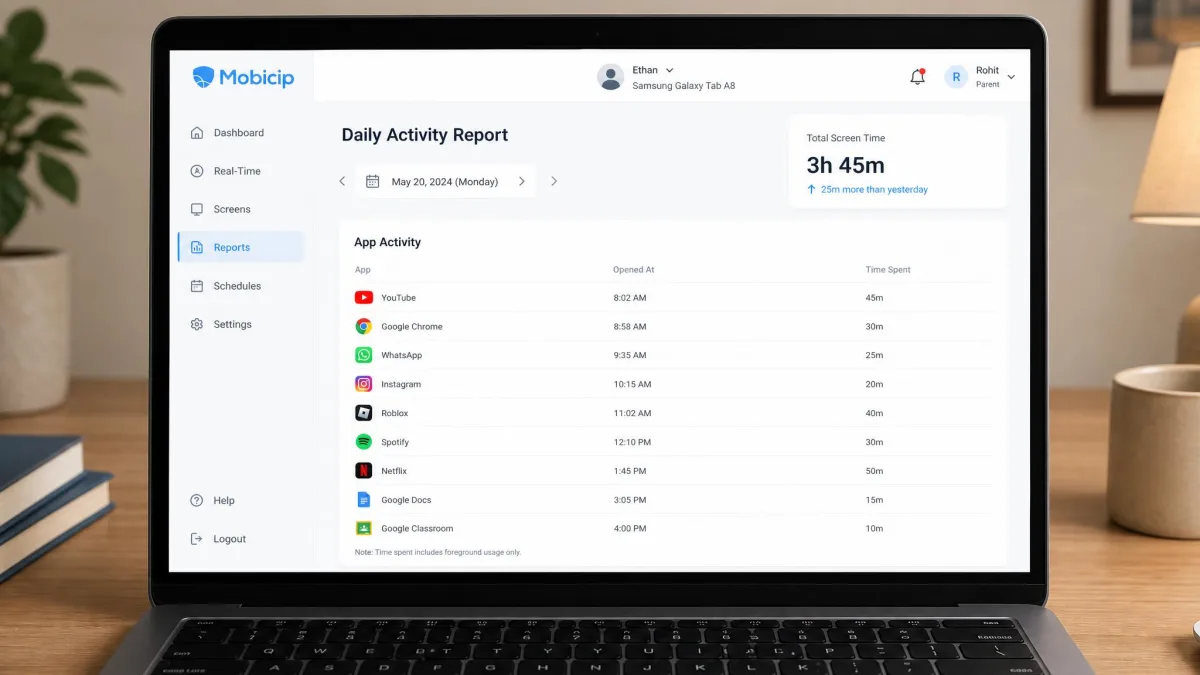 Mobicip's daily activity report on a parent's laptop screen, listing each app the child opened with time stamps and a total screen time figure for the day.