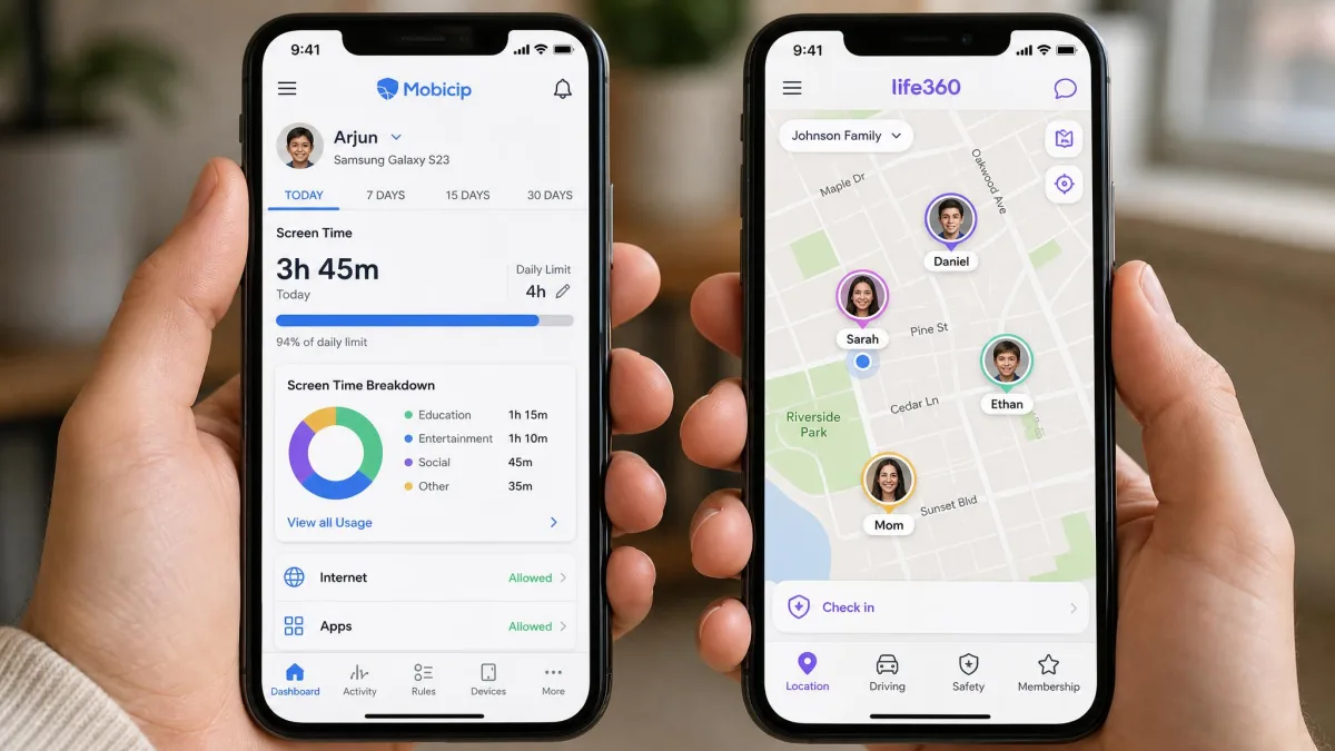 Two phones held side by side, the left showing Mobicip's parent dashboard with screen time totals and the right showing Life360's map view with family member pins on a neighbourhood street.