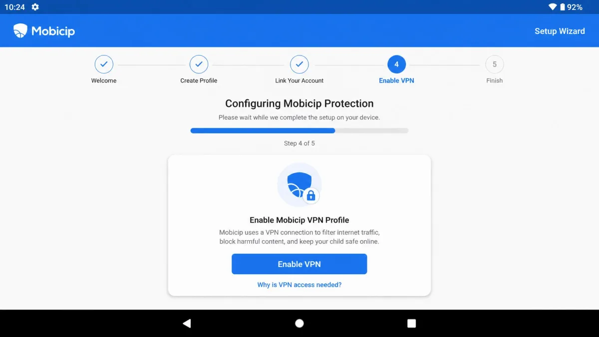 Mobicip's guided setup wizard mid-install on an Android tablet, showing a progress bar and a prompt to enable the Mobicip VPN profile.