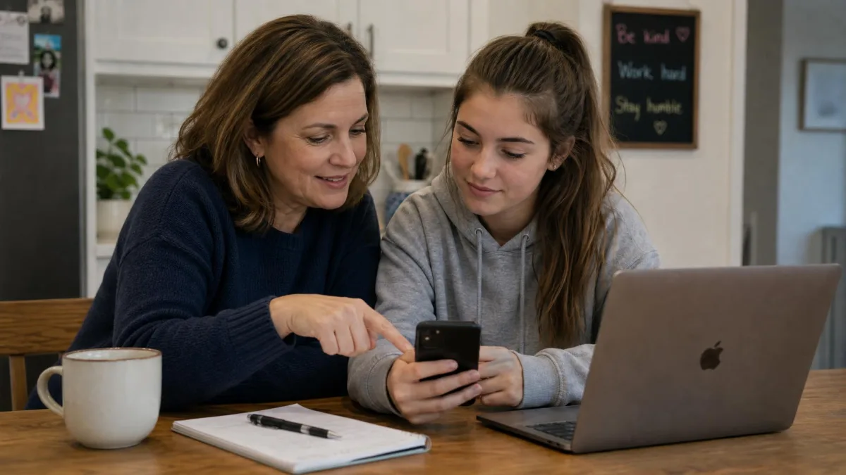 A parent and a teenager sitting at a kitchen table looking at a phone together, with a laptop open beside them.