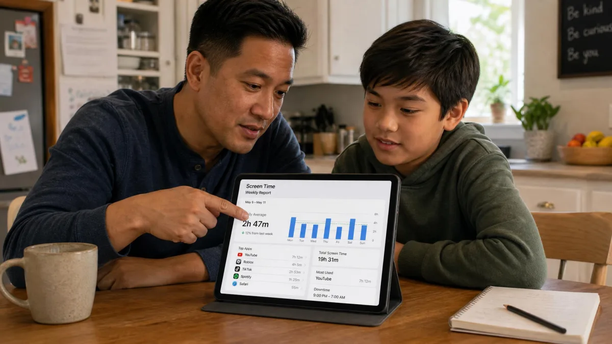 A parent and a child of about ten sitting together at a kitchen table looking at a tablet, the parent pointing at an on-screen weekly screen time report.