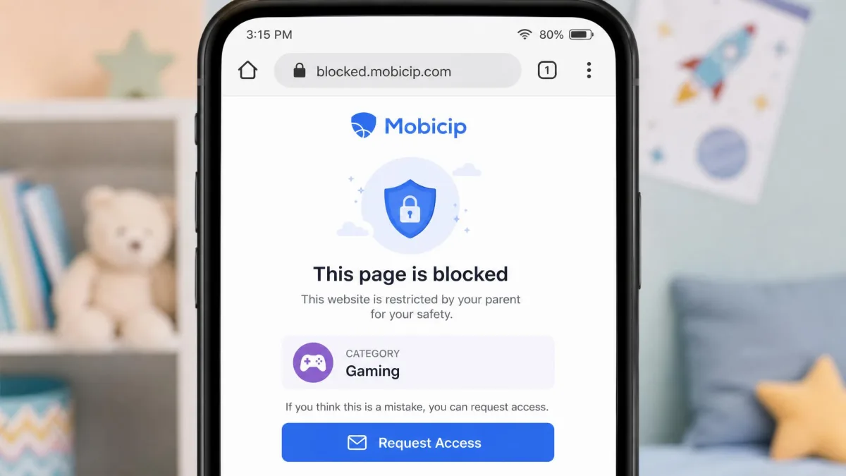 A child's phone browser displaying Mobicip's blocked-page screen with the site category label and a request-access button beneath it.