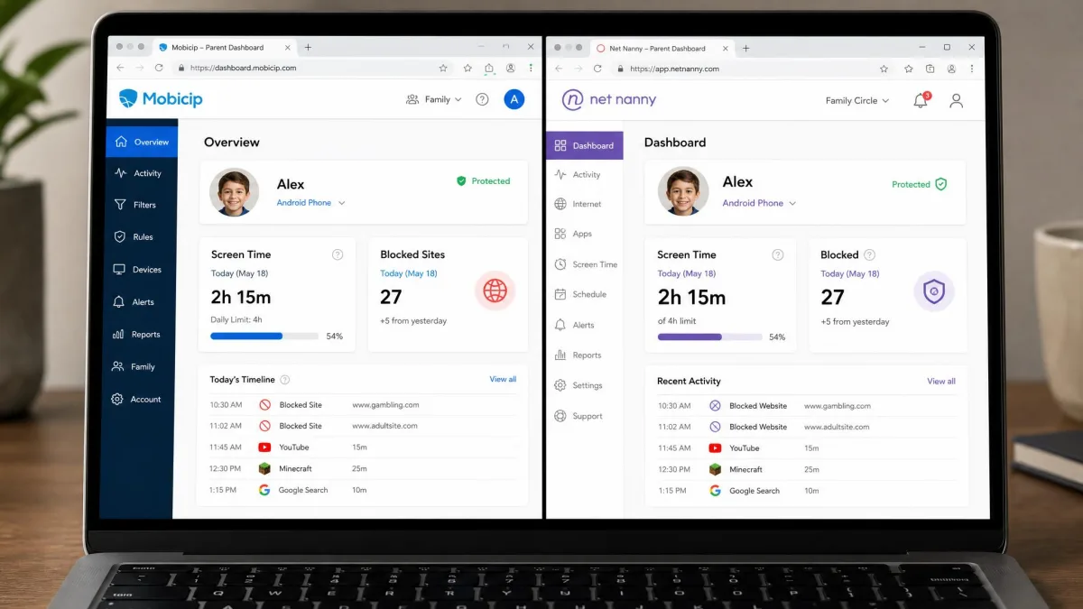 Side-by-side screenshots of the Mobicip parent dashboard and the Net Nanny parent dashboard on a laptop, both showing a child profile with daily screen time and blocked site counts.