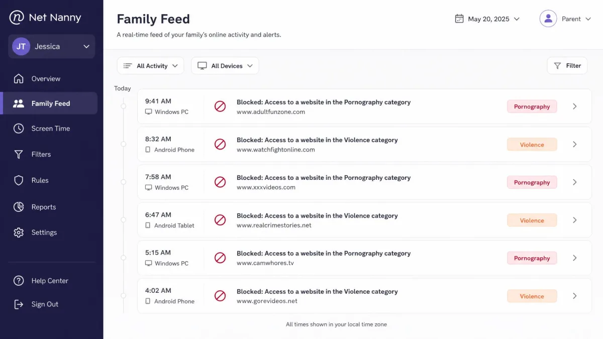 The Net Nanny parent dashboard Family Feed showing a chronological list of blocked website alerts with category labels for pornography and violence next to timestamps.
