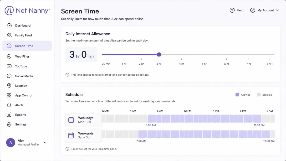 Net Nanny's screen time settings page showing a daily internet allowance slider set to three hours with a weekday and weekend schedule grid below it.