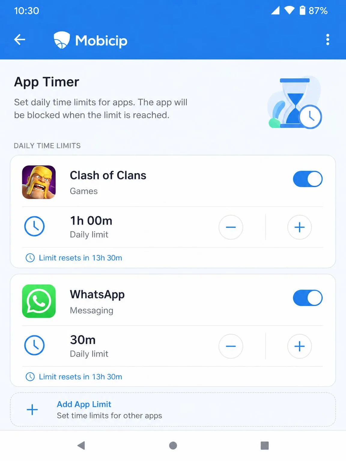 Mobicip's app timer settings screen showing per-app daily limits assigned to a game and a messaging app on a child's Android phone.