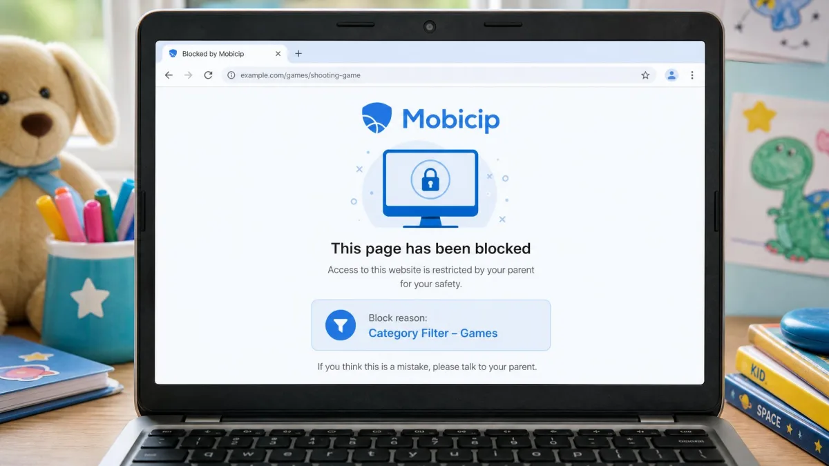 A child's laptop browser showing Mobicip's blocked-site notice for a category-filtered page, with the Mobicip logo and the block reason displayed.