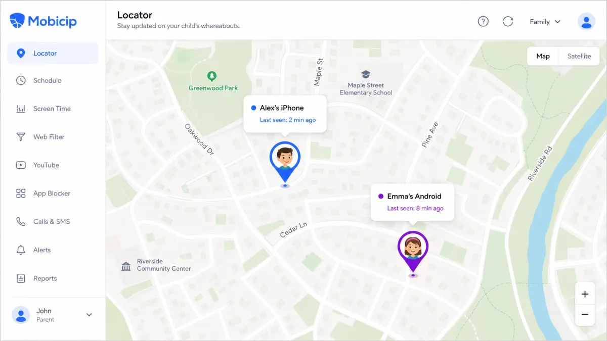 Mobicip's family locator map view showing two child device pins on a neighbourhood map with last-seen timestamps.
