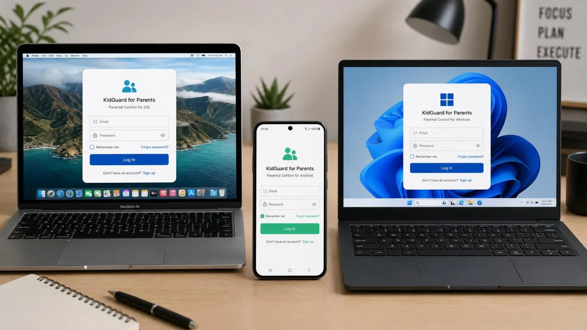A MacBook, an Android phone and a Windows laptop arranged on a desk, each showing a parental control app login screen, illustrating the platform split between the two apps.