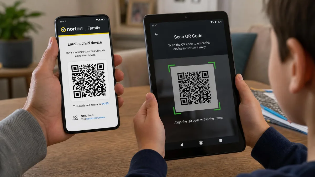 A parent holding a phone showing the Norton Family QR enrollment code while a child's Android tablet displays the scan screen beside it.