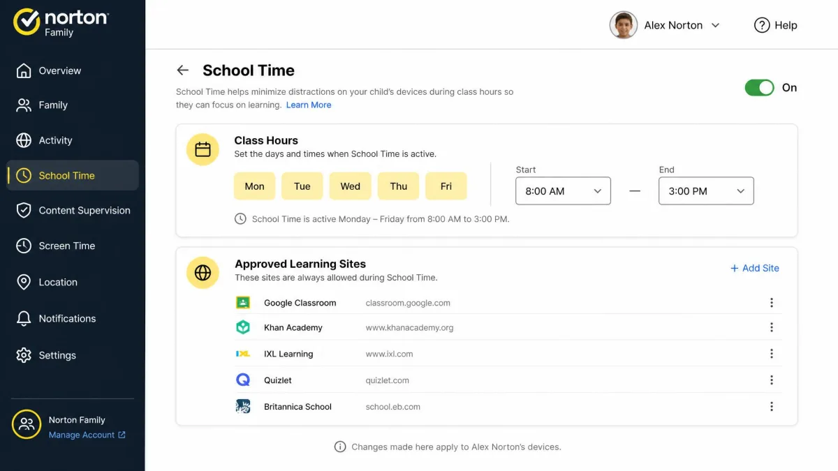 Norton Family's School Time configuration screen showing weekday class hours set from 8am to 3pm with approved learning sites listed below.