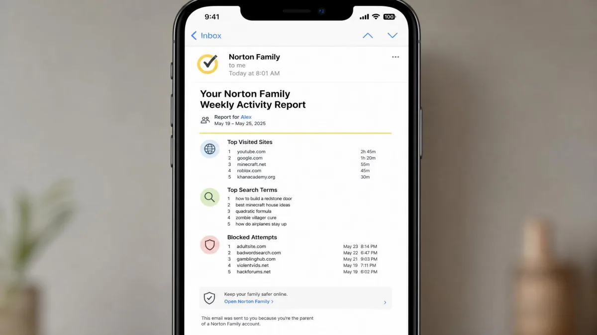 A Norton Family weekly activity report email open on a phone, listing top visited sites, search terms and blocked attempts for one child.