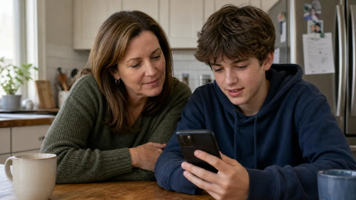 A parent and a teenager sitting at a kitchen table looking at the parental control settings screen on the teenager's phone together.