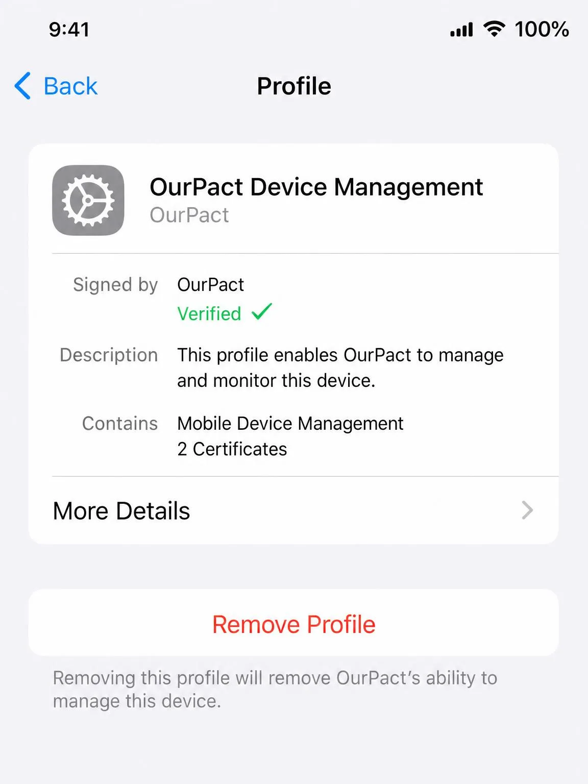 An iPhone Settings screen showing the installed device management profile that OurPact relies on, with the remove profile option visible below it.