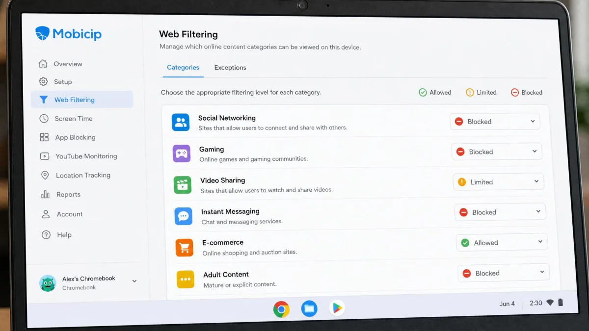 Close-up of the Mobicip web filtering settings screen on a Chromebook, showing content categories such as social networking and gaming toggled to blocked.