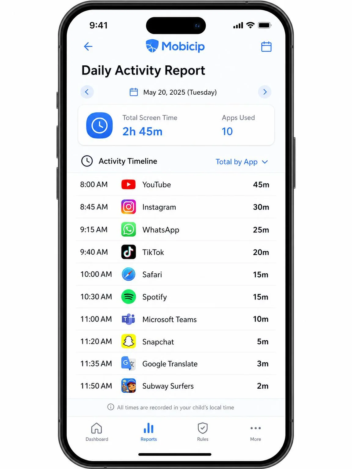 Mobicip's daily activity report on a phone screen showing a chronological list of apps used with time stamps and total minutes for each app.