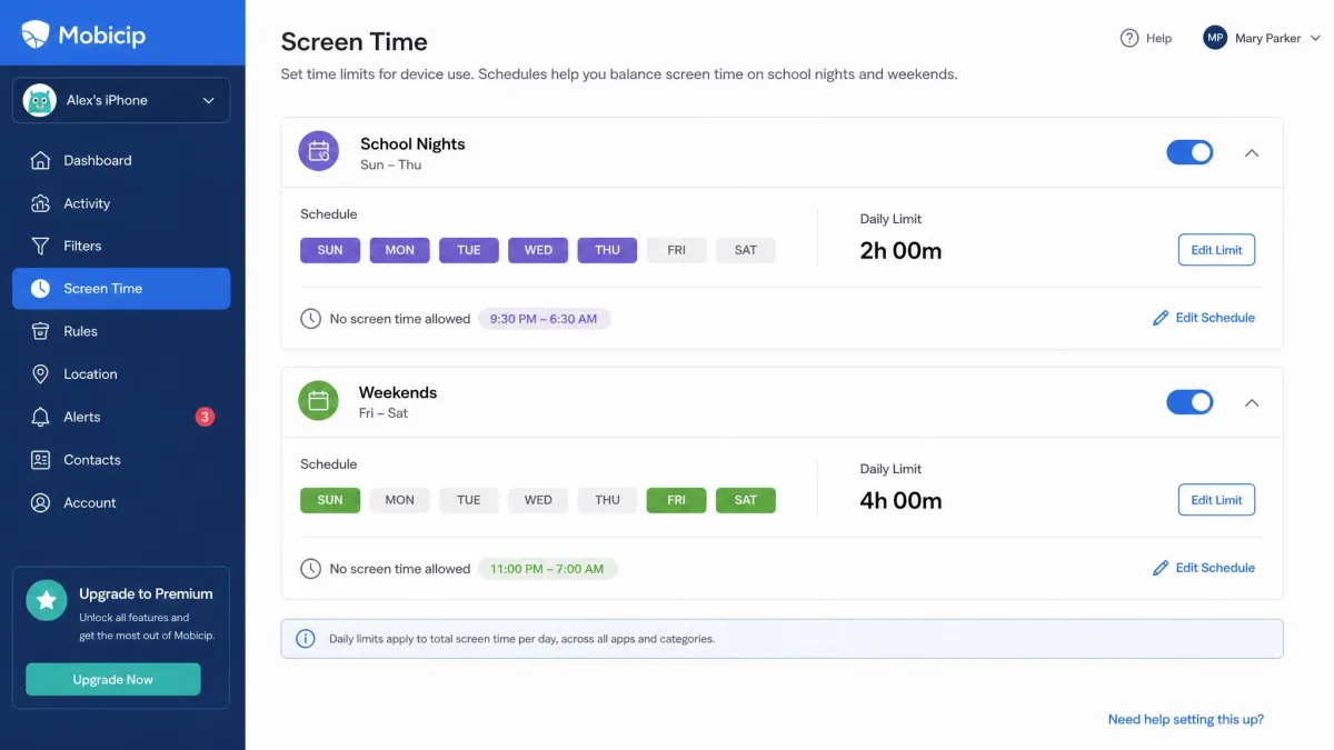 The Mobicip parent dashboard screen time editor showing two separate schedules, one for school nights and one for weekends, with daily limits underneath.