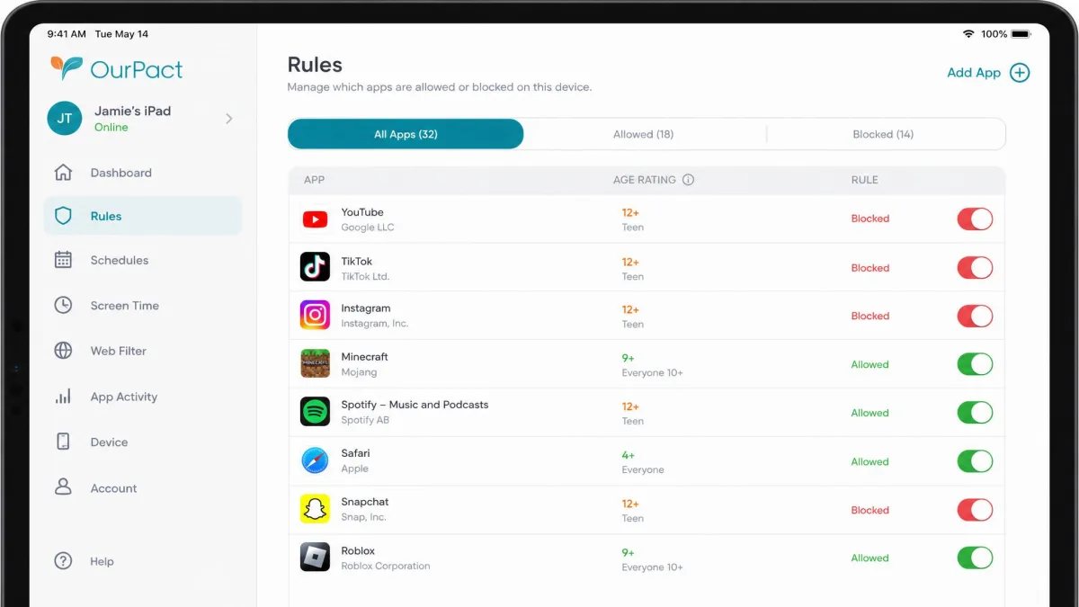 The OurPact App Rules dashboard on a tablet listing installed apps with age ratings and toggle switches, several apps shown in a blocked state.