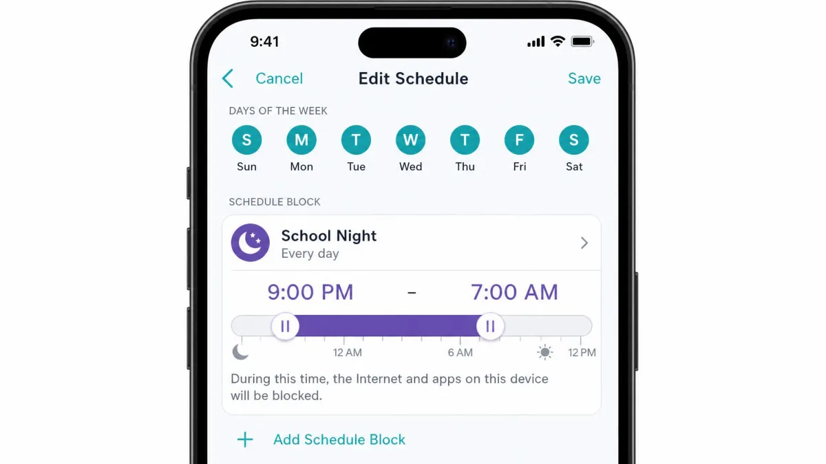 The OurPact schedule editor on a phone showing a school-night block running from 9pm to 7am, with days of the week selected across the top.