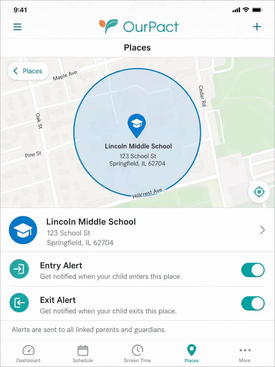 The OurPact Places screen showing a map with a circular geofence drawn around a school address and entry and exit alert toggles below it.