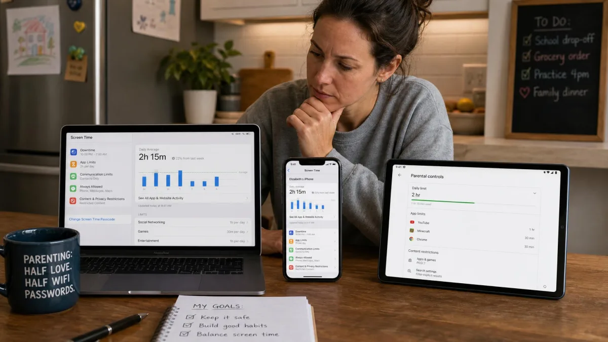 A parent at a kitchen table with a laptop, an iPhone and an Android tablet laid out, comparing parental control settings across all three devices.