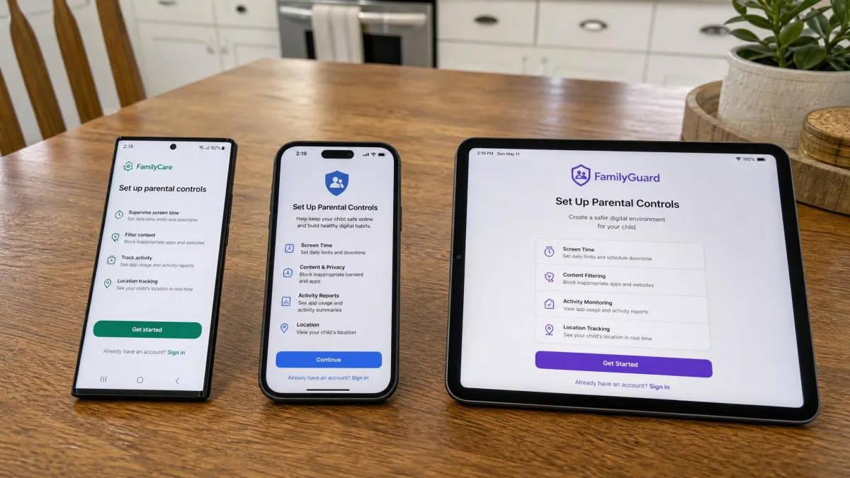 A kitchen table holding an Android phone, an iPhone, an iPad laying flat on a kitchen table a parental control app setup screen during side-by-side testing.