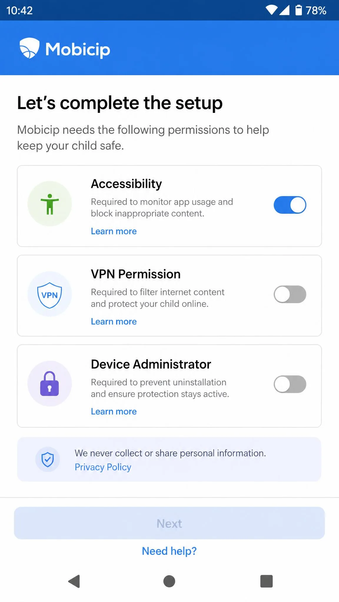 Mobicip's Android setup screen on a phone, listing accessibility, VPN and device administrator permissions with two of the three toggles still switched off mid-setup.