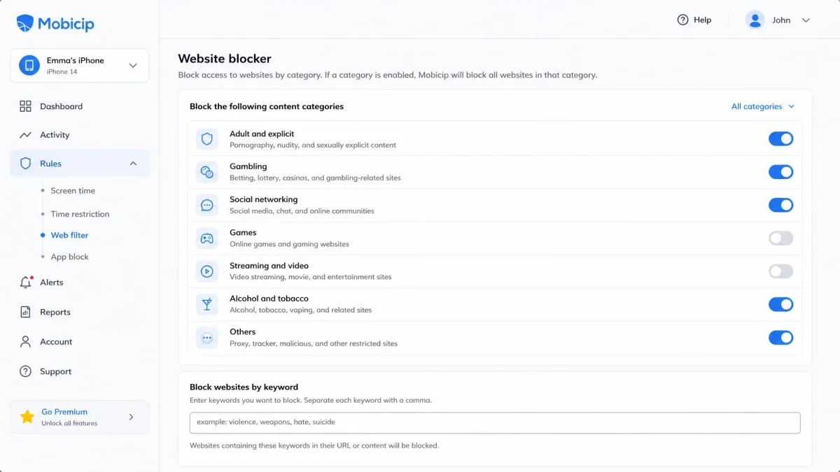 Mobicip's website blocker settings screen showing the list of blockable content categories with several toggles switched on and a keyword blocking field below.