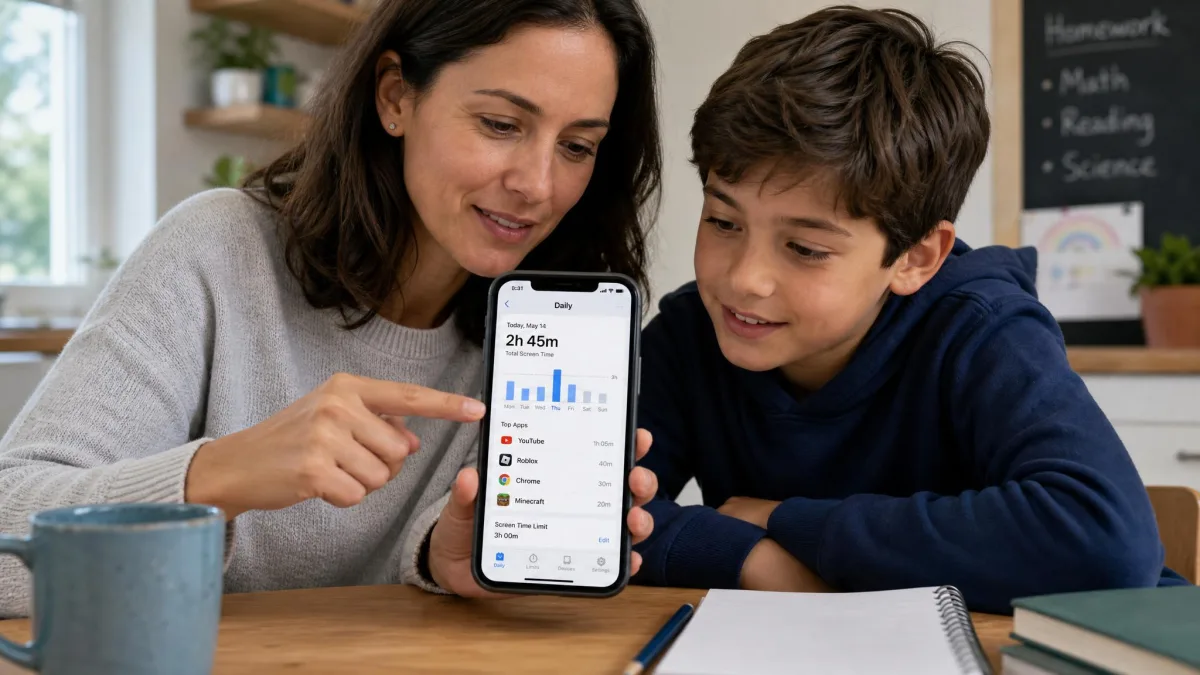 A parent and a school-age child sitting together at a table looking at a phone showing a parental control app's daily screen time summary.